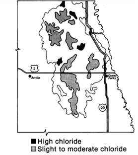 Figure 7.2. Approximate locations of elevated soil chloride due to chloride-rich artesian water west of Grand Forks, ND (Richardson et al., 1988).